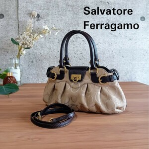 極美品☆ フェラガモ 2way ショルダーバッグ ポシェット ハンドバッグ マリッサ ガンチーニ Salvatore Ferragamo トートバッグ 鞄 ブラウン