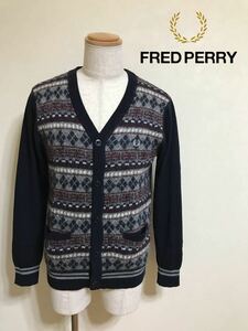 【美品】 FRED PERRY フレッドペリー ニット カーディガン サイズL 長袖 ネイビー アーガイル ユニオンジャック柄 ヒットユニオン FZ3090