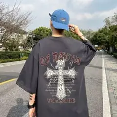 【新入荷】プリントTシャツ　男性　おしゃれ　大きめ　灰色　十字架　丸首　五分袖