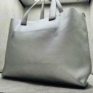 美品/A4可●GIRGIO ARMANI ジョルジオアルマーニ メンズ ビジネス トートバッグ 大容量 肩掛け レザー 本革 シルバー 仕事 通信 書類鞄