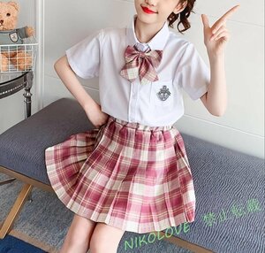 新品制服 2点セット セーラー服 女の子 子供服 半袖シャツ プリーツスカート チェック柄 キッズ JK制服 Aライン 学生服 バラ色 LH942