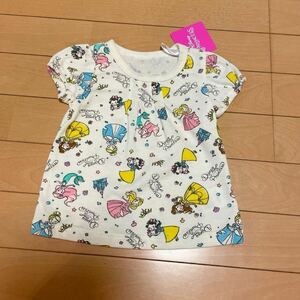 新品タグ付き★ディズニープリンセス★総柄Tシャツ★60-70★黄色系★女の子幼稚園ベビー赤ちゃん子供半袖白雪姫アリエルベルオーロラ姫