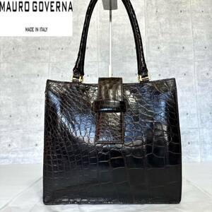 MAURO GOVERNA マウロゴヴェルナ マウロゴベルナ ダークブラウン ゴールド金具 本革 ワニ革 レザー 肩掛け ショルダーバッグ ハンド トート