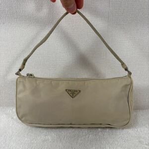  1円 PRADA プラダ アクセサリーポーチ ハンドバッグ ショルダー 三角プレート テスートナイロン ポコノ ベージュ レディース