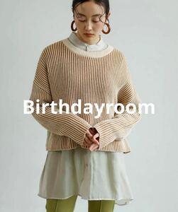 Birthdayroom バースデールーム ニット【F】 ショート丈 バイカラー ストライプ あぜ編み セーター 長袖 ベージュ プルオーバー