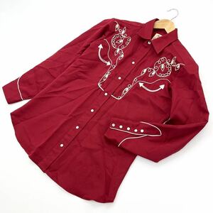 70s ☆ H ber C USA製 長袖 ウエスタンシャツ 刺繍 エンジ レッド系 15-1/2 王道 アメカジ 古着MIX 大人の色気◎ エイチバーシー■CK152