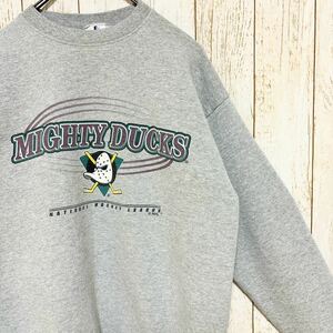 90s LOGO NHL MightyDucks of Anaheim マイティダックス・オブ・アナハイム プリント スウェット トレーナー M USA古着 アメリカ古着