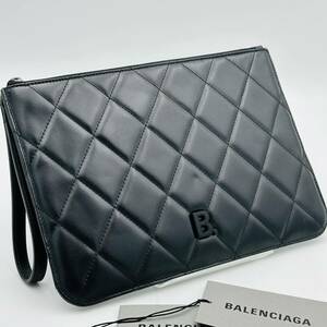 未使用級/現行 BALENCIAGA バレンシアガ セカンドバッグ クラッチ キルティング Bロゴ レザー 本革 ブラック 黒 メンズ レディース 