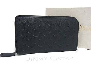 1円 ■極美品■ JIMMY CHOO ジミーチュウ カーナビー レザー スターエンボス ラウンドファスナー 長財布 ウォレット ブラック系 FK0525