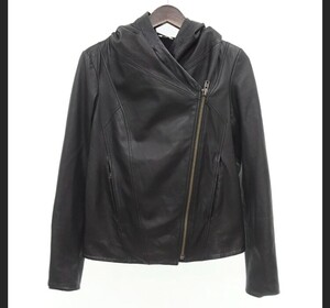 M 美品 HELMUT LANG ヘルムートラング フーデッドレザージャケット ライダースジャケット レザージャケット レザーパーカー ブラック 黒