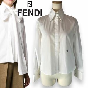 m33 良品 FENDI フェンデイ 長袖シャツ ホワイト シャツ ブラウス トップス ホワイト 38 イタリア製 FS7227 A0MY コットン 100% 正規品