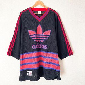 入手困難★日本製★adidas アディダス デサント ゲームシャツ L ヒップホップ ダンサー 古着 90s AA5210 ブラック×レッド レゲエ ギャング