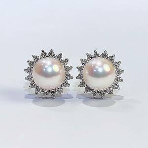 Pt900 AKOYA アコヤ パール ダイヤ ピアス 7.5mm 0.48ct 天然 本真珠 レディース アクセサリー キャッチ・スタッド ピアス 美品