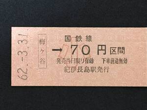 紀勢本線 梅ケ谷駅 70円 区間 硬券 1枚 (No0303:日付62.3.31)