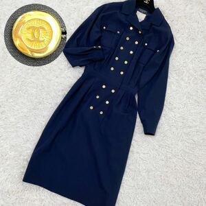 【1円〜】【希少】CHANEL シャネル ヴィンテージ ココ ボタン マーク 金釦 ダブル ブレスト ワンピース ロング タック 紺 ネイビー M〜L