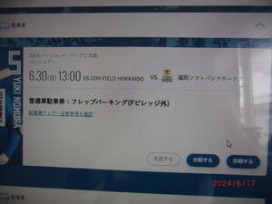 ◆北海道日本ハムファイターズVSソフトバンク◆6/30 エスコンフィールドフレップパーキング 普通車駐車券 送料無料 未使
