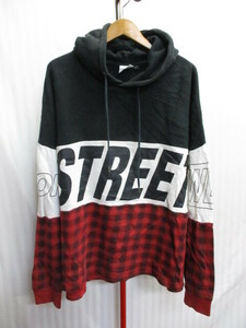 VISION STREET WEAR　ビッグロゴパーカー　メンズLL XL　白黒赤チェック柄　オーバーサイズ スウェットパーカー フーディージャケット03016