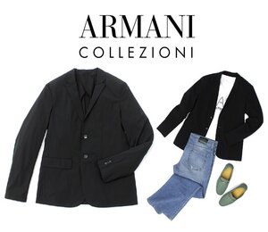 17万新品◆50=L◆【ARMANI】アルマーニ COLLEZIONI ストレッチナイロン テーラードジャケット ライトアウター 黒 1円