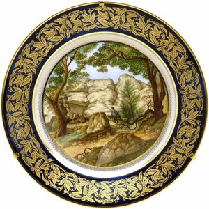 セーブル 絵皿 飾り皿 フォンティーヌブローの泣き岩 セーブルブルー雲模様 24K金彩縁飾り 森の栗の木 1994年復刻 フランス製 新品 Sevres
