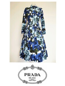 ☆【即決送料無料】PRADAプラダブルーローズ薔薇ロゴ柄ドレスワンピース40S☆