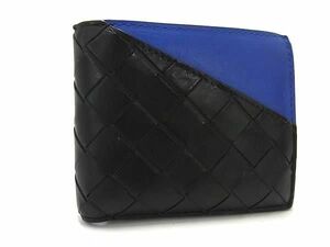 1円 ■美品■ BOTTEGA VENETA ボッテガヴェネタ イントレチャート レザー ニつ折り 財布 ウォレット メンズ ブラック系×ブルー系 AZ5133