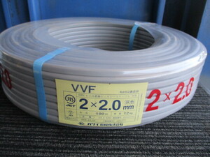 2024年3月製造 カワイ電線 VVF ケーブル 100m 2ｘ2.0mm 600V ビニル絶縁ビニルシースケーブル平形 質量 約12ｋｇ 灰 未使用品