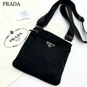 800【極美品】PRADA プラダ ショルダーバッグ 三角ロゴプレート テスートナイロン サコッシュ レザー メンズ レディース 黒