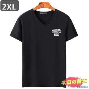 本日のお買得 ☆ Vネック 半袖 Tシャツ【453】 ブラック 2XLサイズ トップス シャツ シンプル イラスト デザイン 春夏