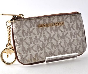 美品 MICHAEL KORS マイケルコース コインケース 小銭入れ PVC レザー 革 総柄 柄あり ホワイト ブラウン ゴールド 総柄 ジップ 2A1136