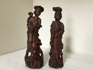 木彫　天女　2体セット　唐木　置物　高約36cm 彫刻　工芸品　インテリア　木製　オブジェ　美術　立像　人形　中古