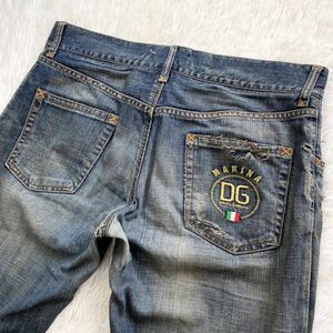 超希少2XL相当●ドルチェ&ガッバーナ DOLCE&GABBANA デニムパンツ ジーパン ダメージ加工 MARINAロゴ刺繍 サイズ52 インディゴ メンズ