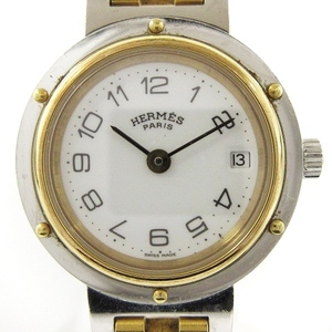 エルメス オルロジェ Horloger クリッパー 腕時計 アナログ クオーツ デイト コンピ CL4.220 文字盤 白 ウォッチ ■SM1 レディース