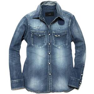 定価5.8万 AKM 8oz STRETCH DENIM DAMAGED WESTERN SHIRTS L ブルー ストレッチデニムウエスタンシャツ wjk ジュンハシモト