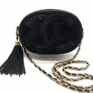 1円 良品 CHANEL シャネル デカココマーク スエード フリンジ チェーン ショルダー バッグ ブラック a3906