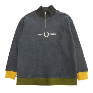 美品 フレッドペリー FRED PERRY ハーフジップ プルオーバー Half Zip Pullover フリース トレーナー カットソー ロゴ 刺繍 M ネイビー メ