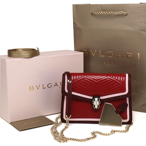 美品 ブルガリ セルペンティ ダイヤモンドブラスト チェーンショルダーミニバッグ ルビーレッド レザー BVLGARI