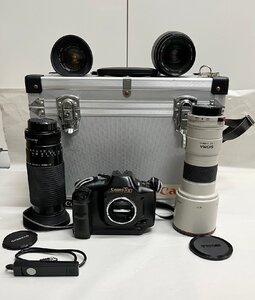 【JBI3520】 1円スタート Canon T90 フィルム一眼レフカメラ ボディ レンズ 4点まとめ SIGMA Kenko 他 ケース付属 動作確認不可 ジャンク