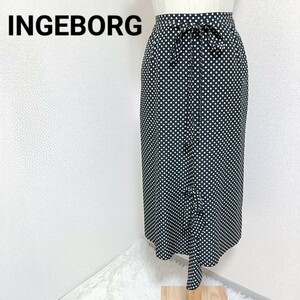 インゲボルグ INGEBORG 美品 タイトスカート ロング ミモレ丈 水玉模様 リボン ブラック 黒色 レディース