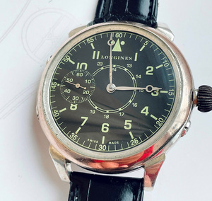 1889年 ロンジン懐中時計ムーブメント＆銀無垢ケース使用 カスタム腕時計　パイロット文字盤 質問から価格交渉OK