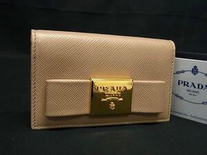 1円 ■美品■ PRADA プラダ サフィアーノレザー リボン カードケース カード入れ 名刺入れ メンズ レディース ベージュ系 FL2584