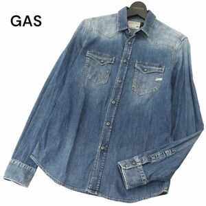 GAS ガス 通年 USED加工★ ロゴタグ 長袖 ウエスタン デニム シャツ Sz.S　メンズ　A4T03160_3#C