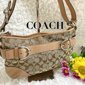 美品☆COACH コーチ シグネチャー ワンショルダー ハンドバッグ キャンバス ベージュ レザー ショルダーバッグ 