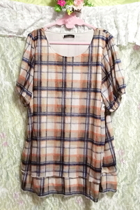 青橙色チェック模様フリルネグリジェチュニックワンピース Blue orange check pattern frill negligee tunic dress