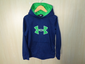 b1201◆UNDER ARMOUR フーデットスウェットシャツ◆アンダーアーマー sizeYLG ネイビー ポリ素材 プルオーバー 裏起毛 キッズ パーカー 4K