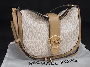 1円 ■極美品■ MICHAEL KORS マイケルコース MK柄 PVC×レザー クロスボディ ショルダーバッグ アイボリー系×ブラウン系 FJ3038