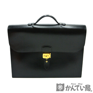 20901 HERMES【エルメス】サックアデペッシュ38 ビジネスバッグ ハンドバッグ ボックスカーフ □A刻 ブラック ゴールド金具 メンズ【中古】