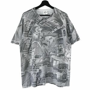 ■激レア■90s USA製 MC ESCHER オーバープリント 総柄 アート Tシャツ XL エッシャー ダリ ひまわり 騙し絵 マルチ USA製 ビンテージ