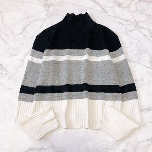 Theory セオリー Halo Racking Stripe Tハイネック ボーダー ニット プルオーバー モノトーン シルク コットン アルパカ ウール薄手 S 