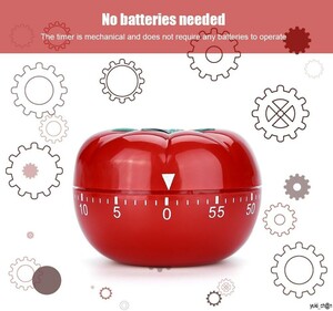 ダイヤルタイマートマト型 レッド メカニカルタイマー アナログタイマー ゼンマイ式 60分計 電池不要 機械式 小型 アラーム 操作簡単