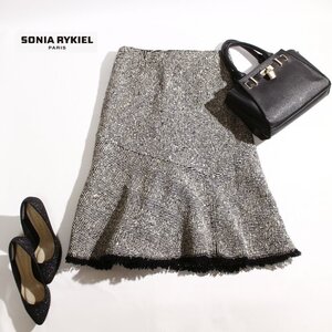 美品 厚手 ソニアリキエル SONIA RYKIEL 株) オンワード樫山 大きいサイズ46 冬 真冬 羊毛 アンゴラ ヘンリボーン ラメ 17号 ブラック 白